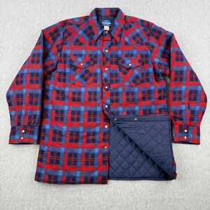 Vintage Wrangler Shirt Jacket Mens Large Red Plaid Pearl Snap Quilted Flannel